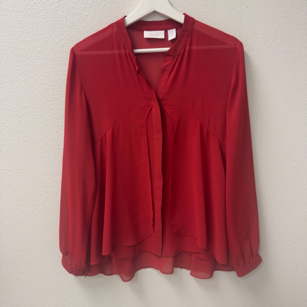 Chicos Layered High Low Blouse Womens 1 Red Good Sheer Hem Long Sleeve Office